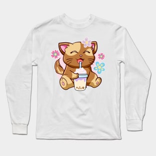 Boba Cat Tea Neko Girl Teen Bubble Kawaii Anime Japanese Long Sleeve T-Shirt